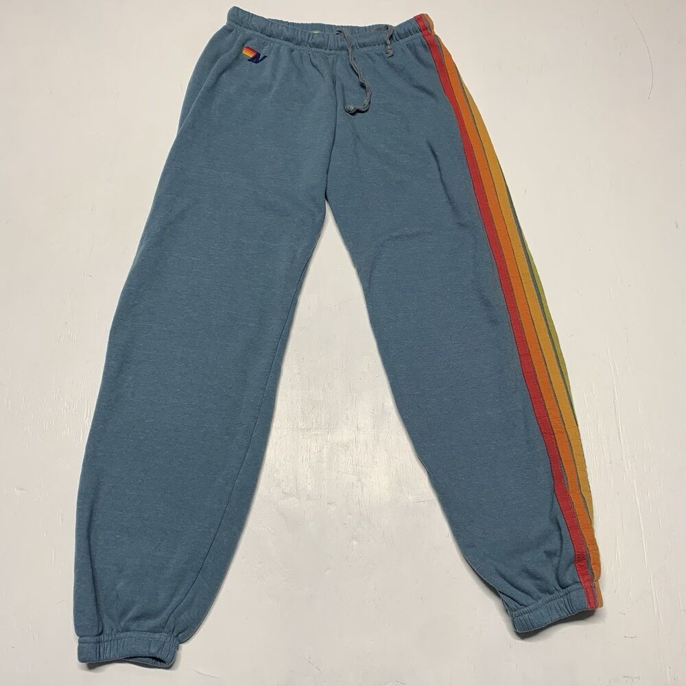 Aviator Nation 5 Striped Sweatpants Women Size L Blue Wash Casual USA Ultra Soft